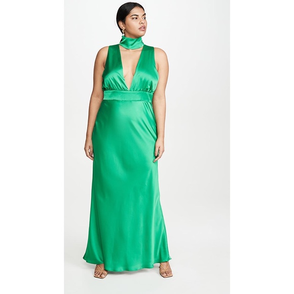 Fame and Partners Choker Plunge Neck Satin Dree Dress Kelly Green Size US2 - Picture 4 of 12